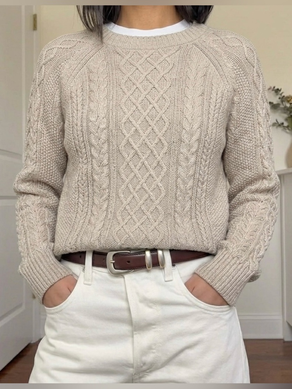 GAP Women's Cable Knit Crewneck Sweater in Beige